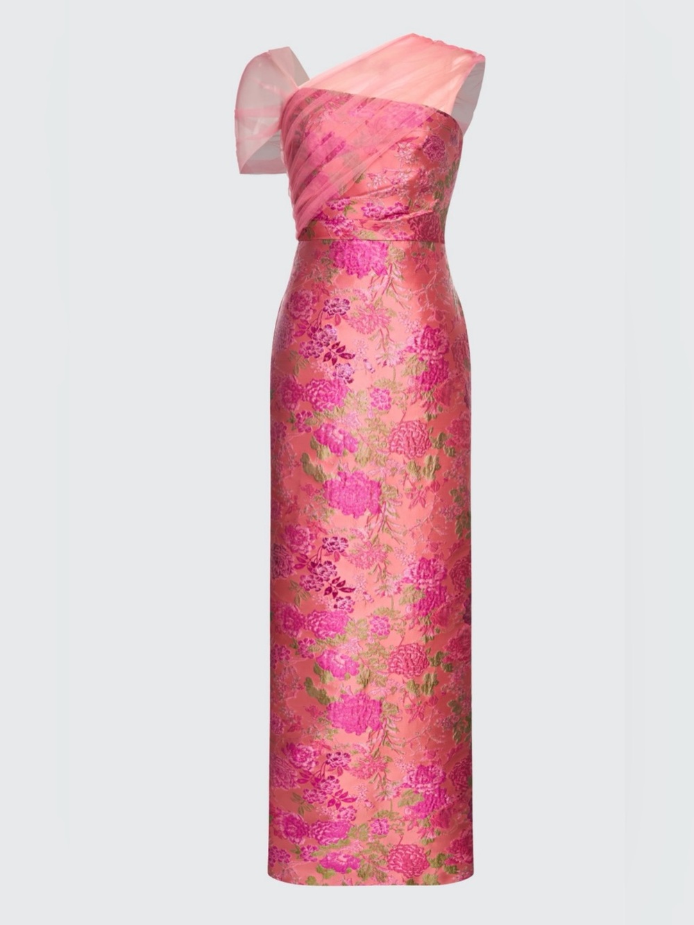 Theia Pink and Green Floral Brocade Maxi Gown with Sheer Capelet - Picture 6 of 8